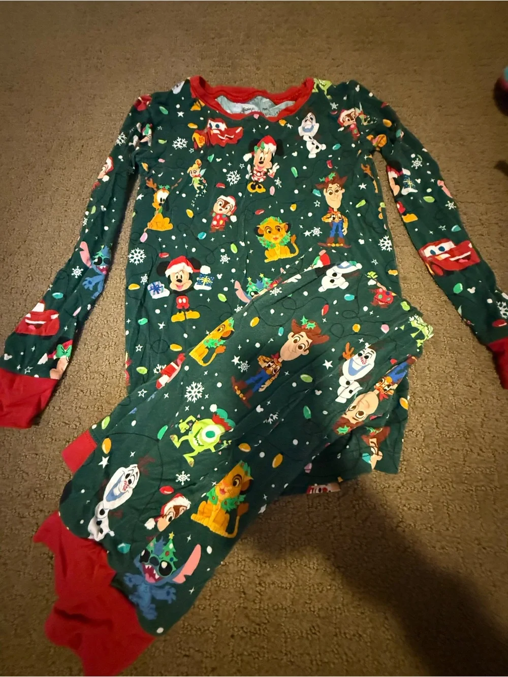 Disney Kids Green Holiday Character One-Piece Pajamas with Red Trim